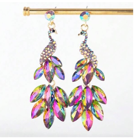 ❤️❤️FREE Peacock Bird Rhinestone Hipster Hippie Art Artsy Drop Glam Hip Earrings - Picture 1 of 3